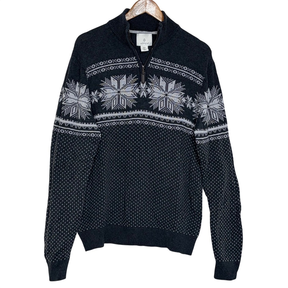 ASPEN Men's Large Charcoal Snowflake Fair Isle Quarter Zip‎ Sweater Preppy